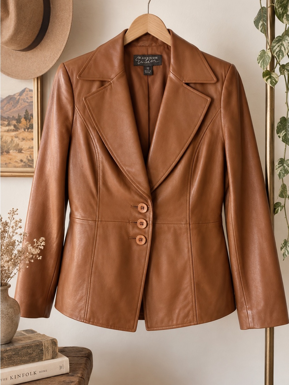 Classiques Entier 100% Leather Cognac Blazer Jacket Size 12